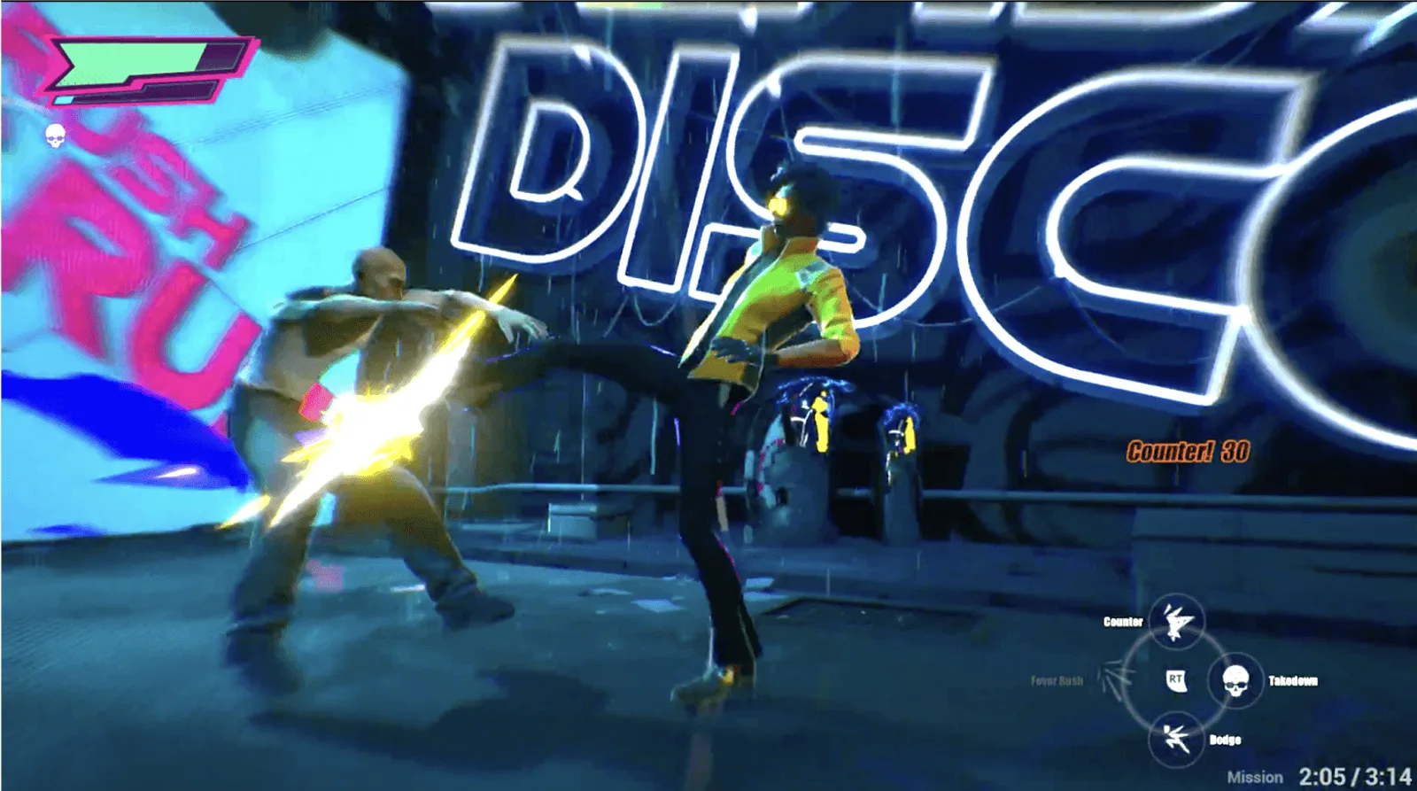 Combat in Dead as Disco: a fighter mid-strike against neon enemies on a club floor, with a huge DISCO sign glowing behind and a combo counter on screen.