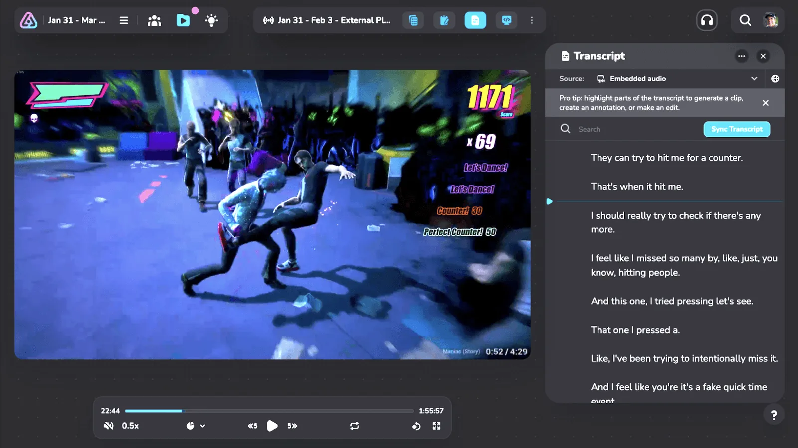 A Dead as Disco session open in Live Aware, the gameplay playing back beside a synced transcript of the playtester talking through the fight.