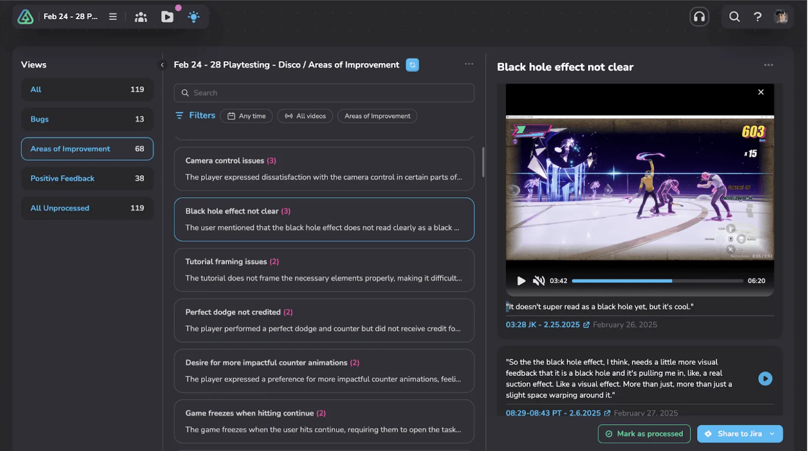 A Live Aware event dashboard for a Dead as Disco playtest: findings grouped by area of improvement on the left, and a clip of the reported moment playing on the right.