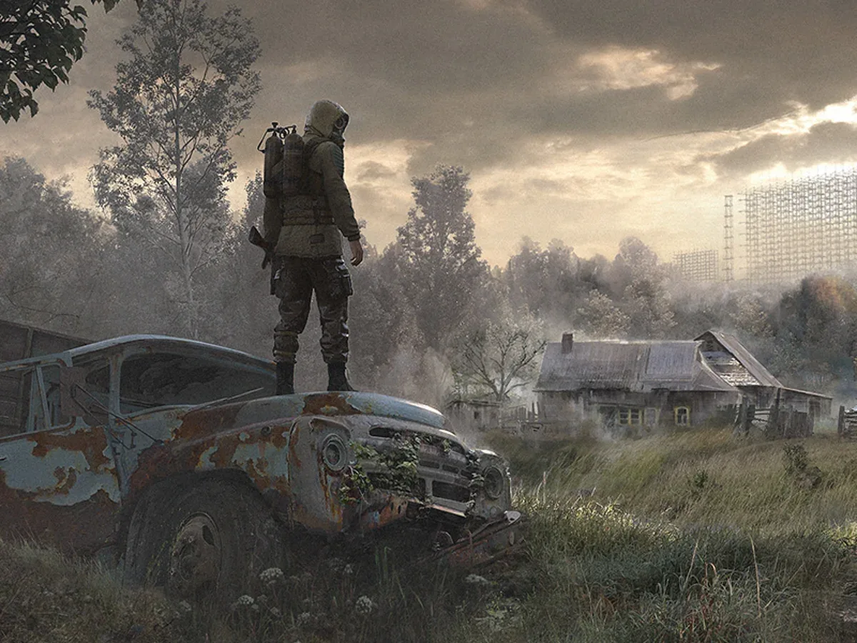 A S.T.A.L.K.E.R. 2 screenshot: a lone figure stands on a rusted car in an overgrown field, with a derelict house and a stormy sky behind.