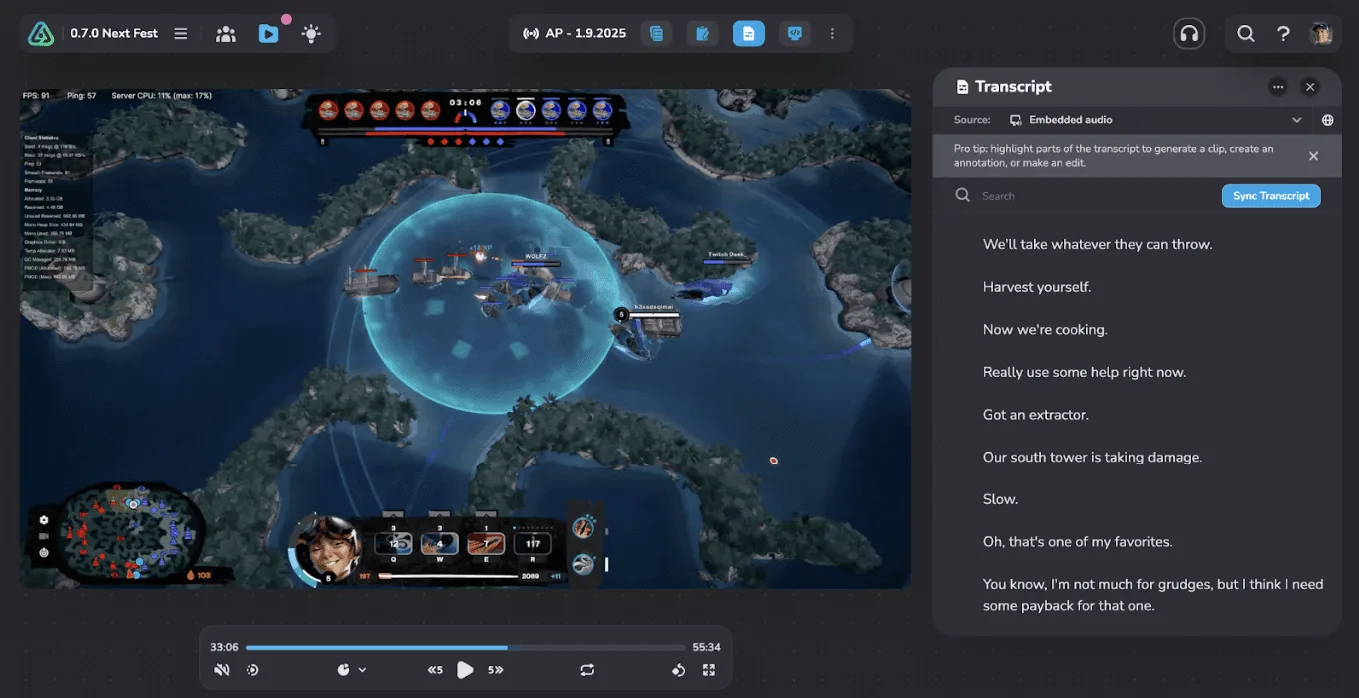 A Lunchbox Entertainment playtest open in Live Aware, the match playing back beside a synced transcript of the player's commentary.