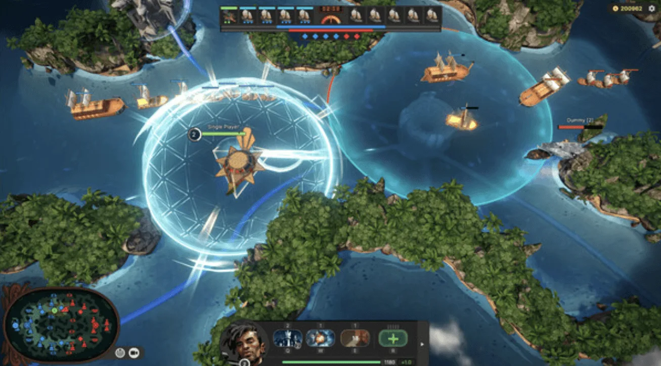 A top-down view of the Lunchbox Entertainment map: island lanes ringed by water, with a large circular energy effect expanding across the centre.