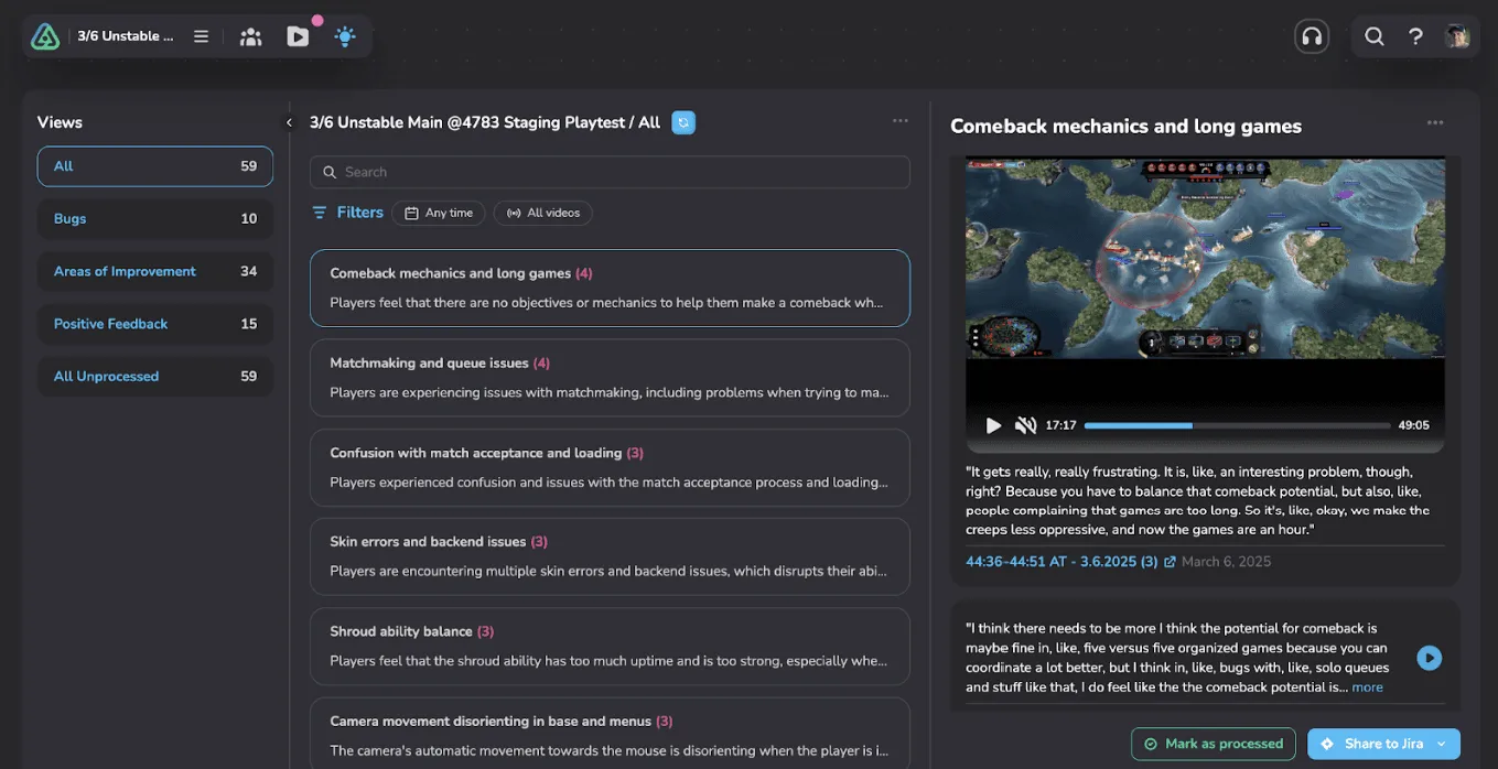 A Live Aware event dashboard for a Lunchbox staging playtest: findings about comeback mechanics and match length listed on the left, with the matching clip on the right.