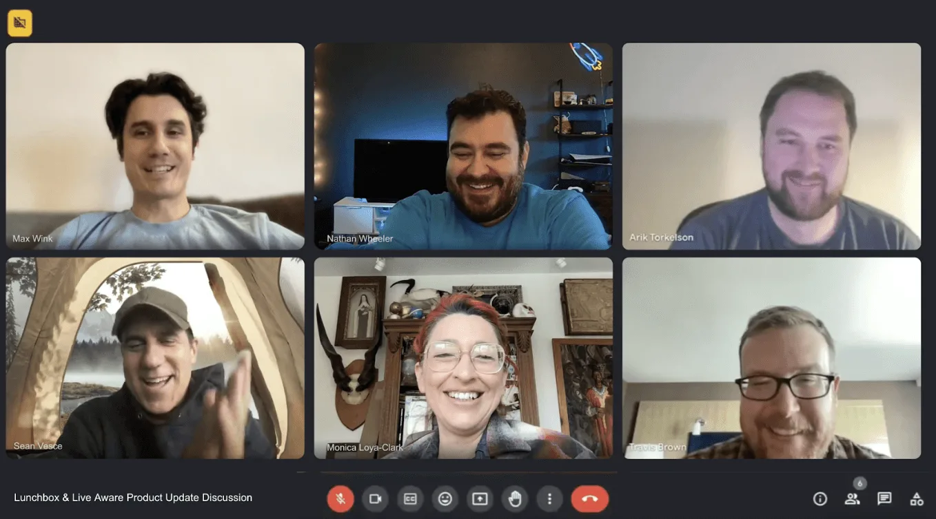 A six-person video call titled Lunchbox and Live Aware Product Update Discussion, the team on webcams in a grid.