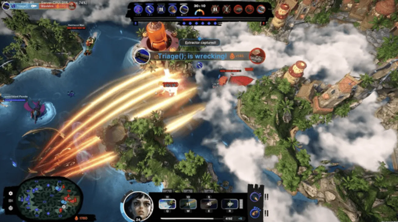 A match in progress in Lunchbox Entertainment's sandbox MOBA: characters fighting amid spell effects on a bright island map, with team chat along the side.