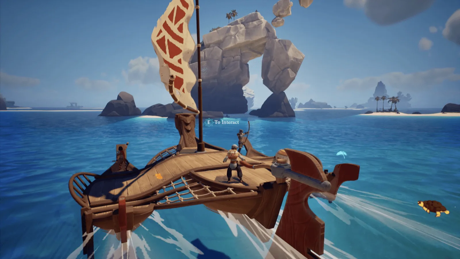 A sailing boat in Voyagers of Nera crossing open water between tall rock formations under a clear sky.