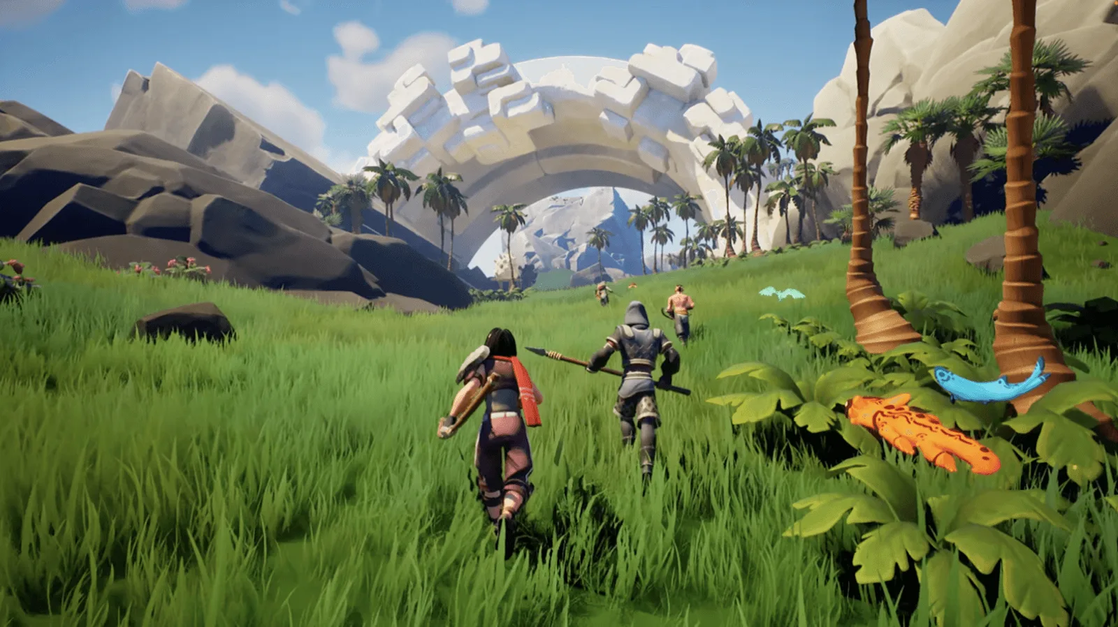 Voyagers of Nera characters walking through tall grass towards a stone arch, with palms and hills in the distance.