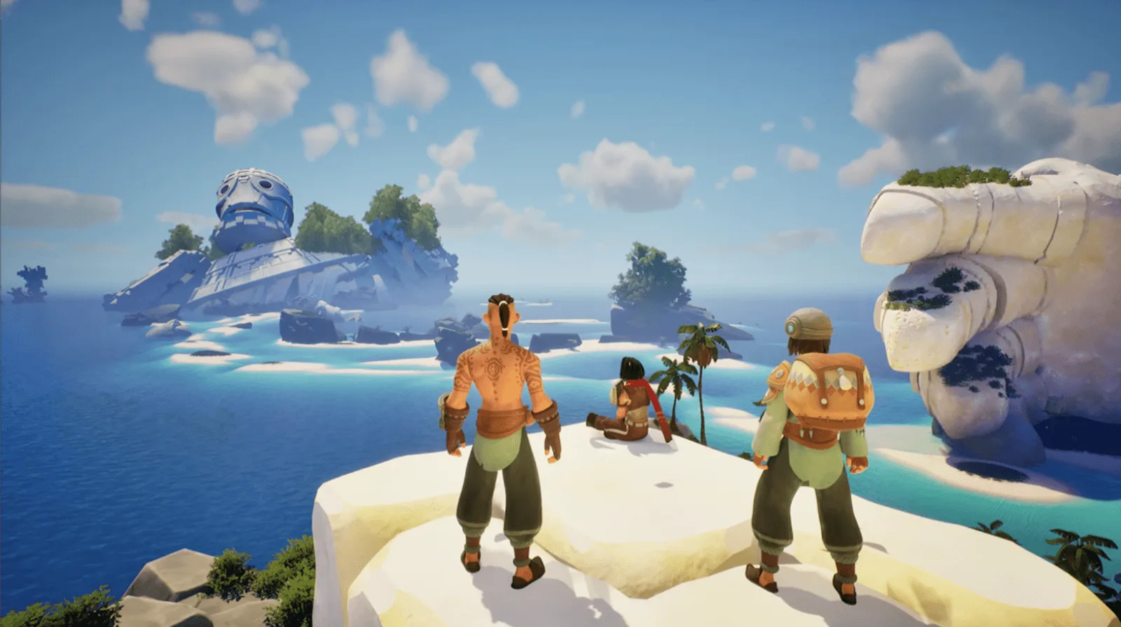 Two Voyagers of Nera characters standing on a sunlit tropical shore, looking out over the water towards distant islands.
