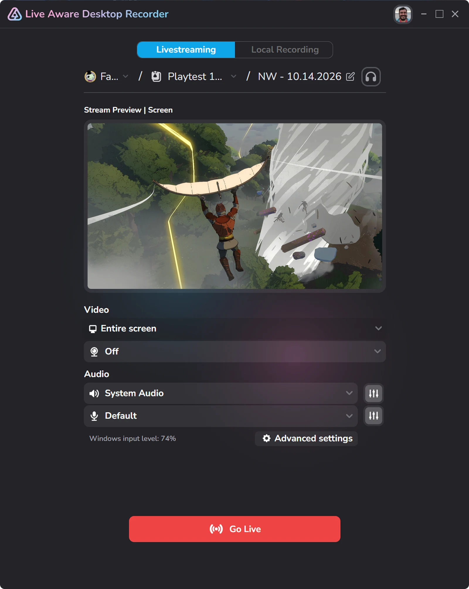 The Live Aware Desktop Recorder on Windows, set to Livestreaming with a game running in the stream preview, Entire screen chosen as the video source and system audio and microphone selected, above a red Go Live button.