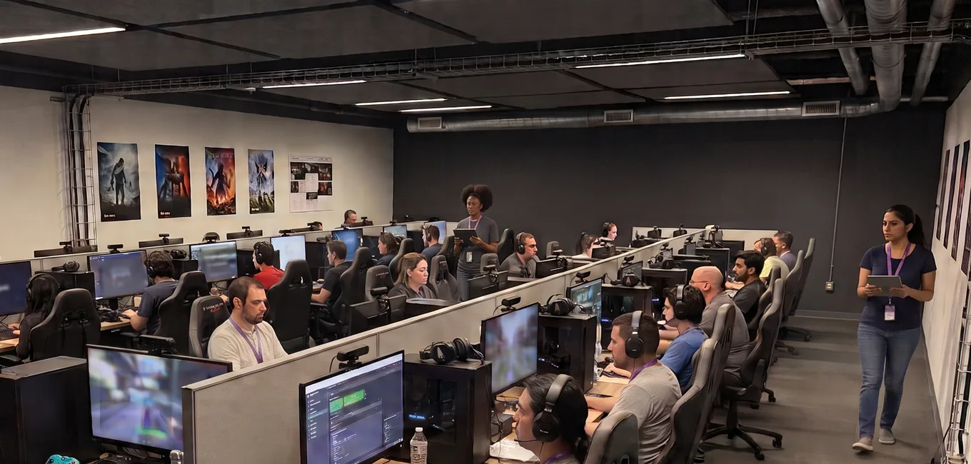 An in-person playtest lab: two long rows of partitioned stations, each with a monitor, webcam and headset and a player seated at it, while two moderators move through the room with tablets.