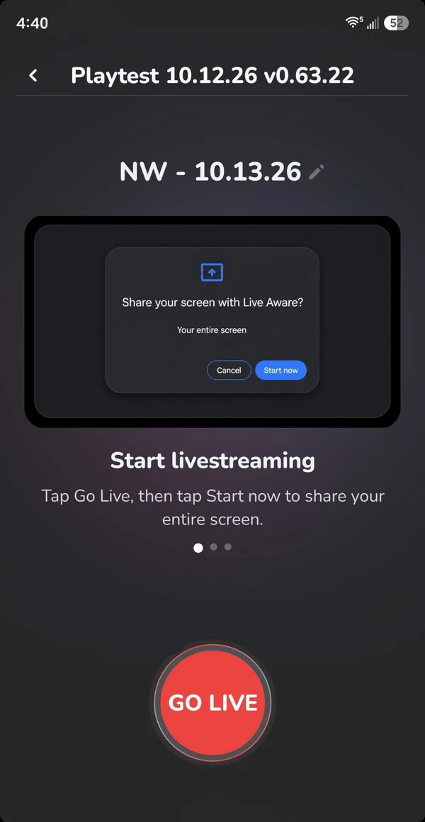 The Live Aware mobile recorder on a phone, on the Start livestreaming step with the screen-share permission dialog open, above a large red GO LIVE button.